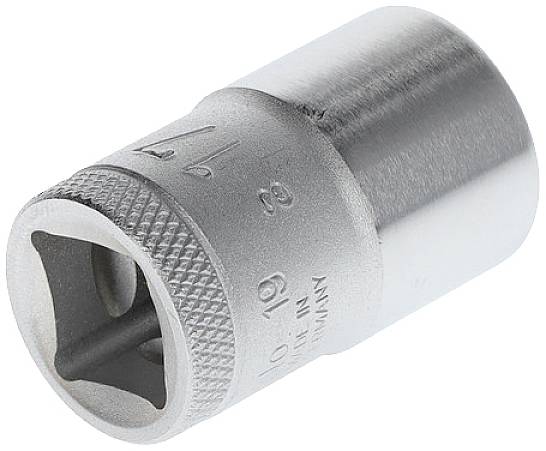 Eine silberne Sechskant-Stecknuss mit vierkantiger Aufnahme und aufgedruckter Größenangabe.