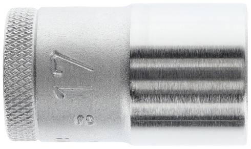 Metall-Steckschlüsselaufsatz mit gerändeltem Griff und der Gravur '17'. Verwendet für Schraubarbeiten.