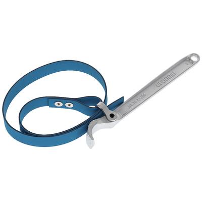 Metallischer Ölfilterschlüssel mit blauem Gurt, geeignet zum Entfernen von Ölfiltern in verschiedenen Fahrzeugen und Maschinen.