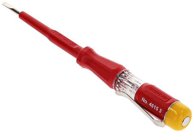 Ein roter, isolierter Schlitzschraubendreher mit transparentem Griff und gelber Kappe, geeignet für Elektrikerarbeiten.