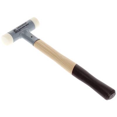 Ein Hammer mit hölzernem Griff und Kunststoffköpfen an beiden Enden liegt schräg. Geeignet für sanfte Schläge.