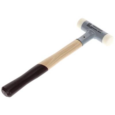 Ein Hammer mit einem Holzgriff und Kunststoffköpfen an beiden Enden, verwendet für präzise Arbeiten ohne Oberflächenschäden.