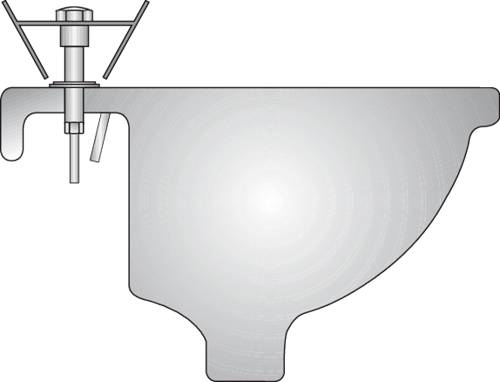 Querschnitt eines Behälters mit einem Deckel und zwei seitlichen Griffen. Oben eine Klemme, die ein Rohr oder eine Leitung umschließt.