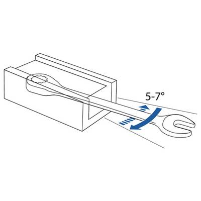 Ein Schraubenschlüssel, der in einer Box gesichert ist, wird in einem Winkel von 5-7 Grad gekippt und demonstriert damit einen Mechanismus für Zugang oder Bewegung.