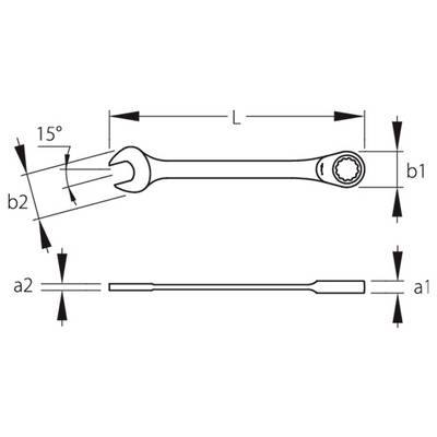 Schematische Darstellung eines Schraubenschlüssels mit Maßangaben. Der Schraubenschlüssel hat ein offenes Ende, das unter einem Winkel von 15 Grad angeordnet ist, sowie ein Ringende. Messungen sind mit a1, a2, b1, b2 und L gekennzeichnet.