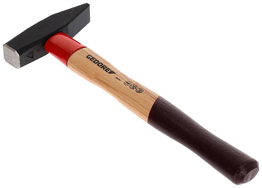 'Schlosserhammer' mit rotem und schwarzem Kopf, Holztstiel; geeignet zum Hämmern von Nägeln und für Bauarbeiten.