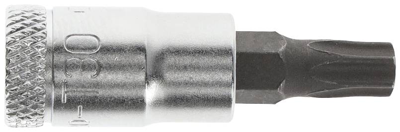 Nahaufnahme eines Bits mit sechseckiger Aufnahme und schwarzer Spitze. Hauptsächlich verwendet für Schraubarbeiten in Verbindung mit einem passenden Schraubendrehergriff.