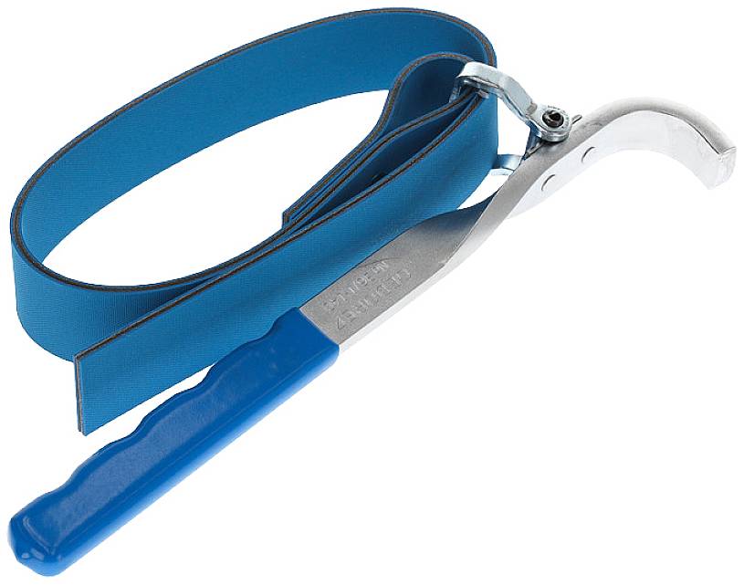 Ein blauer Ölfilterschlüssel mit Metallgriff und Gurtband zum Entfernen von Ölfiltern.