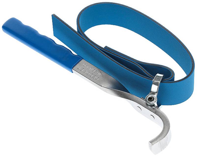 Werkzeug zum Lösen von Ölfiltern mit blauem Griff und Riemen.