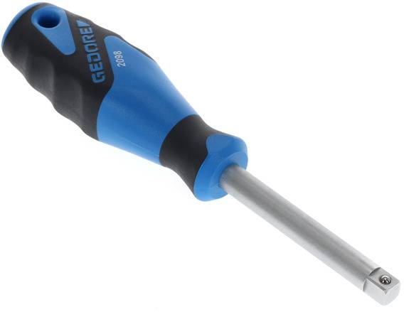 Ein blauer Schraubendreher mit schwarzem Griff und Magnetkopf liegt auf weißem Hintergrund.