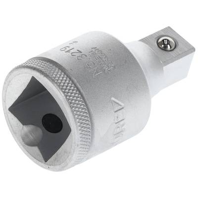 Ein silbernes Werkzeugadapterstück mit quadratischem Anschluss und gravierten Markierungen, hauptsächlich für mechanische Anwendungen.