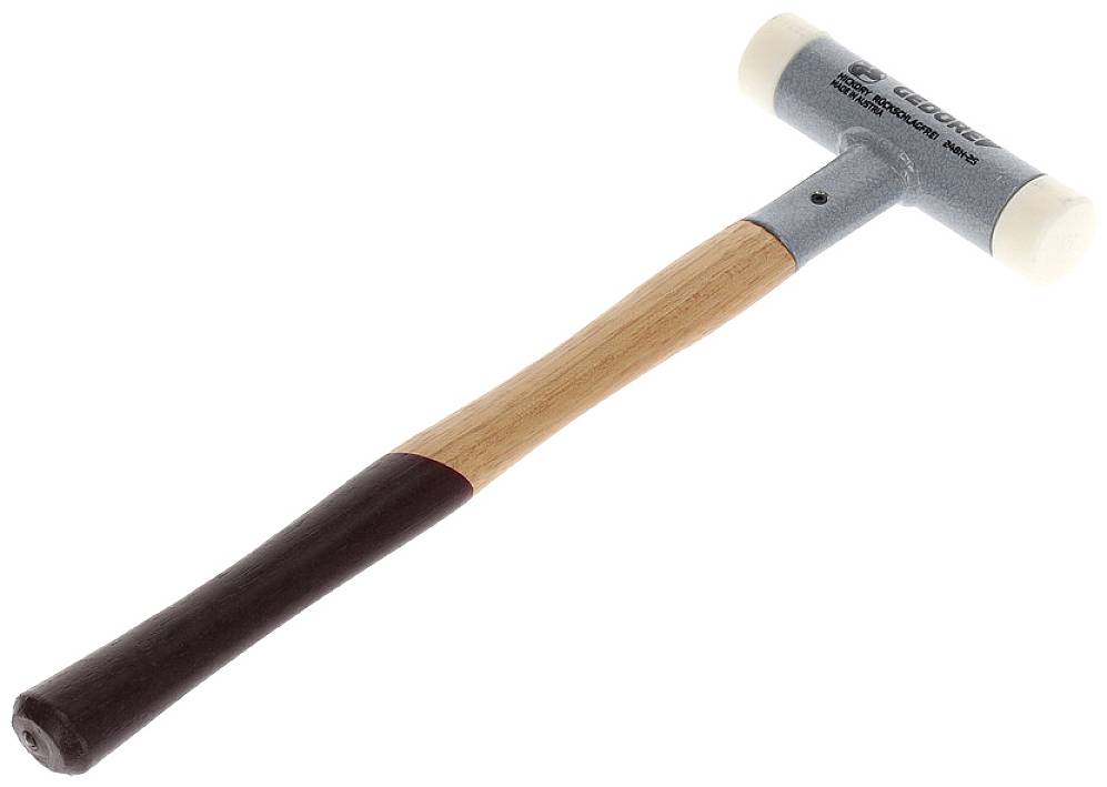 Ein Gummihammer mit Holzgriff; auf der Seite des Kopfes ist ein Markenname erkennbar. Der Kopf hat zwei weiße Gummikappen.