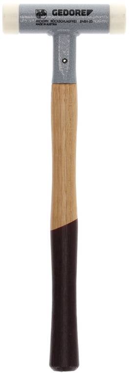 Hammer mit Holzgriff, silbernem Kopf und zwei weißen Schlagflächen. Oberer Teil des Griffs ist hell, der untere dunkel.