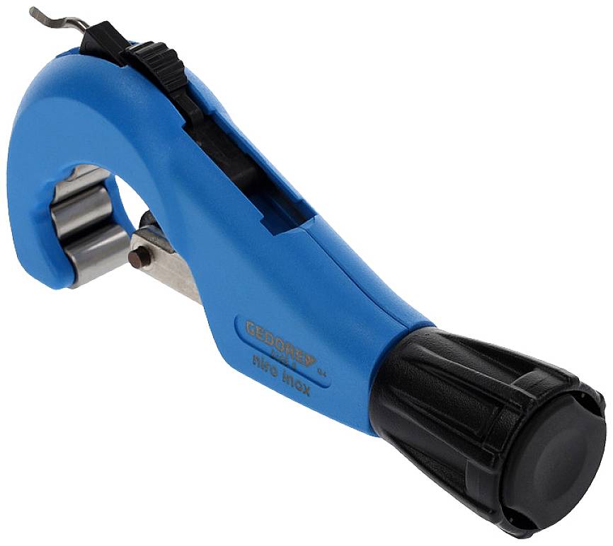 Blauer Rohrschneider mit schwarzem Griff und Klinge, verwendet zum Schneiden von Rohren.
