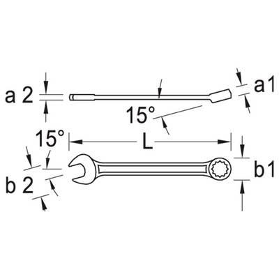 Diagramm eines Schraubenschlüssels und Schraubenziehers mit Maßangaben: Winkel von 15°, Parameter a1, a2, b1, b2 und Länge L.