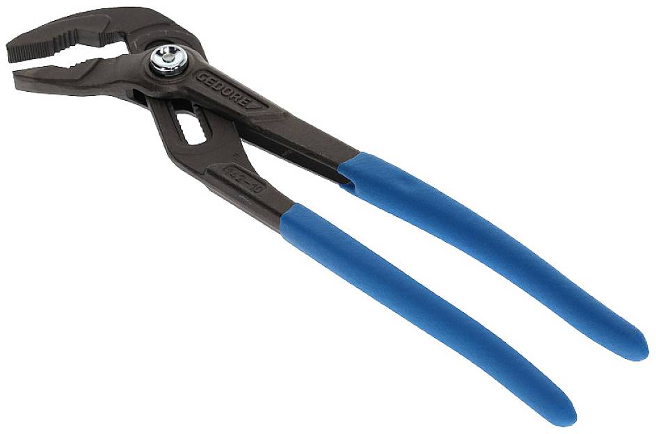Zange mit blauen Griffen, ideal zum Greifen und Drehen von Objekten. Hauptbestandteil einer Werkzeugkiste für Klempnerarbeiten.