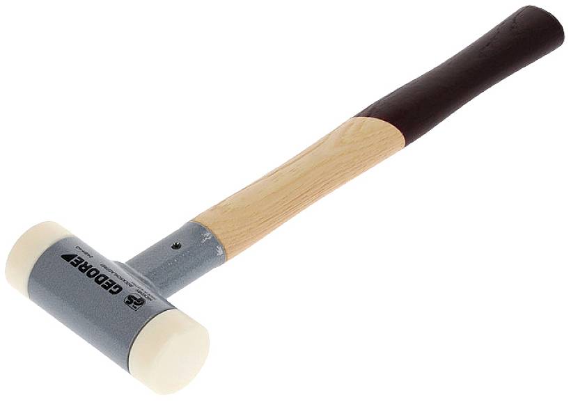 Ein Gummihammer mit Holzgriff, grauem Kopf und zwei weißen Schlagflächen.