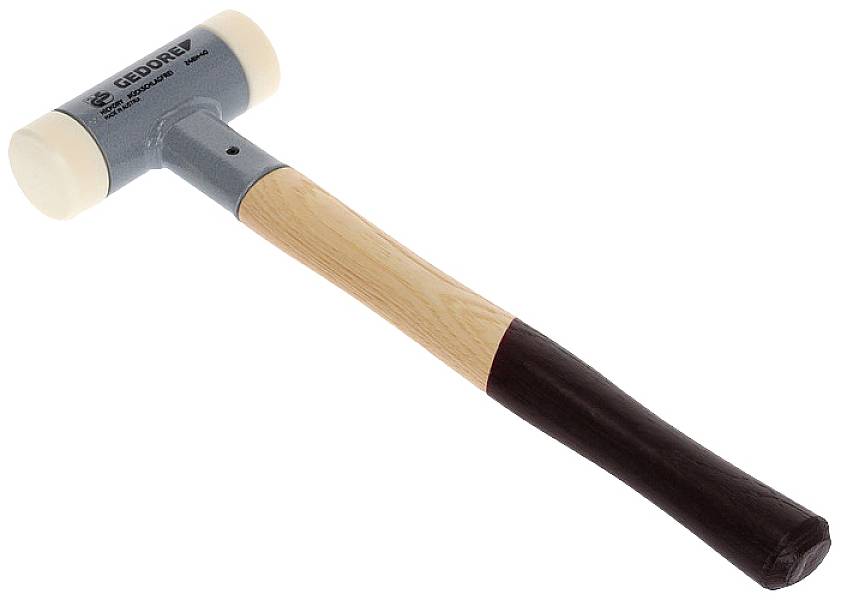Ein Gummihammer mit holzfarbenem Griff und beidseitigem weißen Kopf, geeignet für Arbeiten, die keine Spuren hinterlassen sollen.
