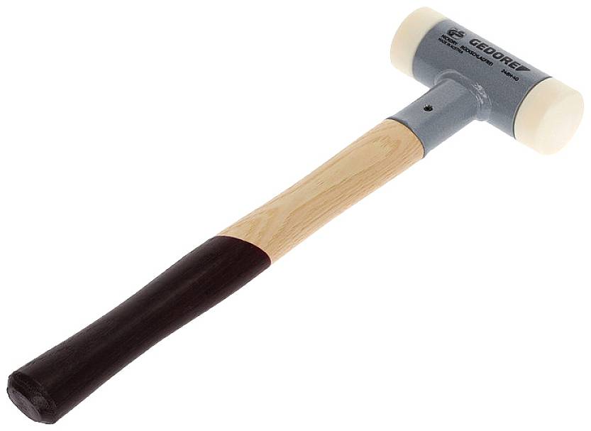 Ein Gummihammer mit hellbraunem Holzgriff und zwei weißen Schlagflächen, ideal für Arbeiten, die keine Spuren hinterlassen sollen.