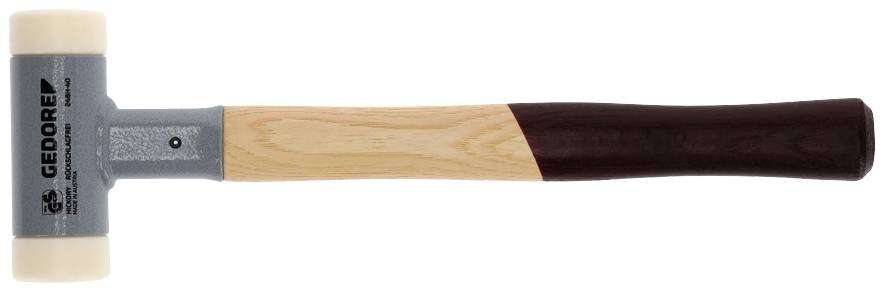 Ein Kunststoffhammer mit Holzgriff und weißem Schlagkopf. Markenlogo und Bezeichnung sind auf den Hammerkopf gedruckt.