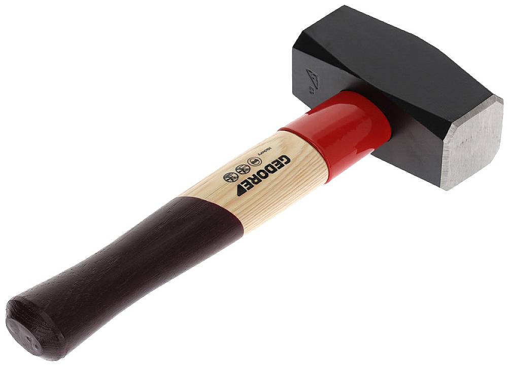 Ein schwerer Hammer mit rotem Stiel und schwarzem Kopf, liegend, zeigt die Marke auf dem Holzgriff.