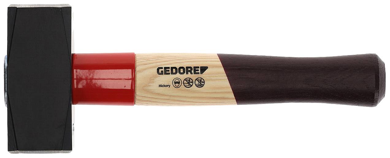 Hammer mit massivem Kopf und hölzernem Griff, schwarz und rot lackiert, mit dem Markennamen 'GEDORE' auf dem Griff.