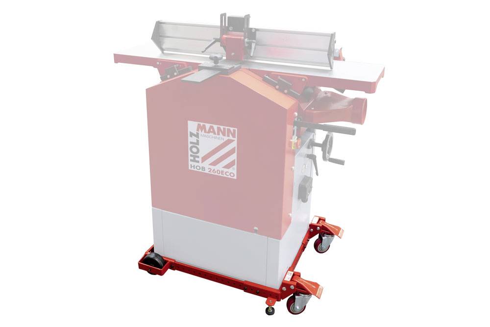 Eine rote Hobelmaschine mit Metall- und Kunststoffteilen, auf einem Rollgestell montiert.