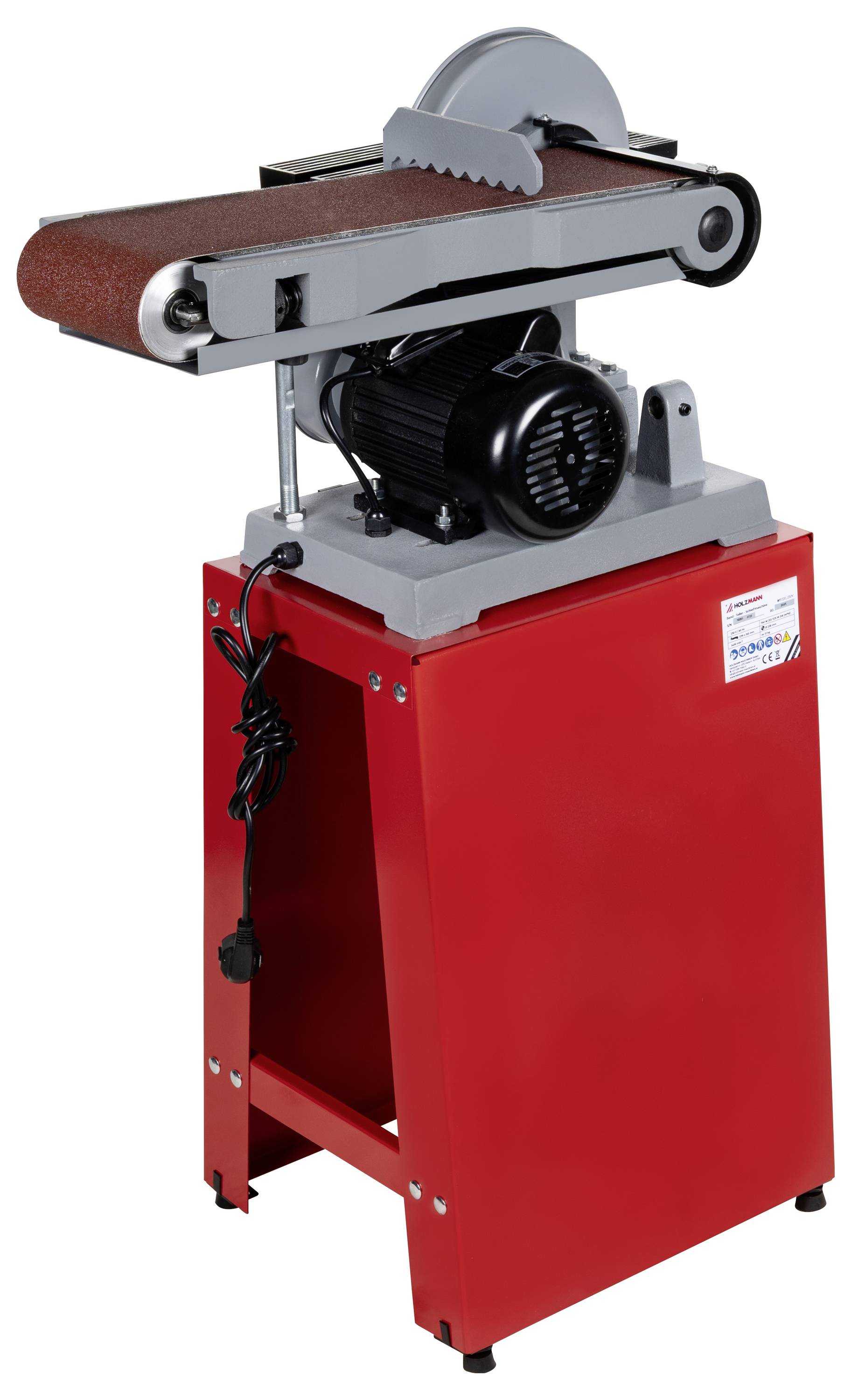 Rote Schleifmaschine mit Motor und Schleifscheibe, auf weißem Hintergrund dargestellt.