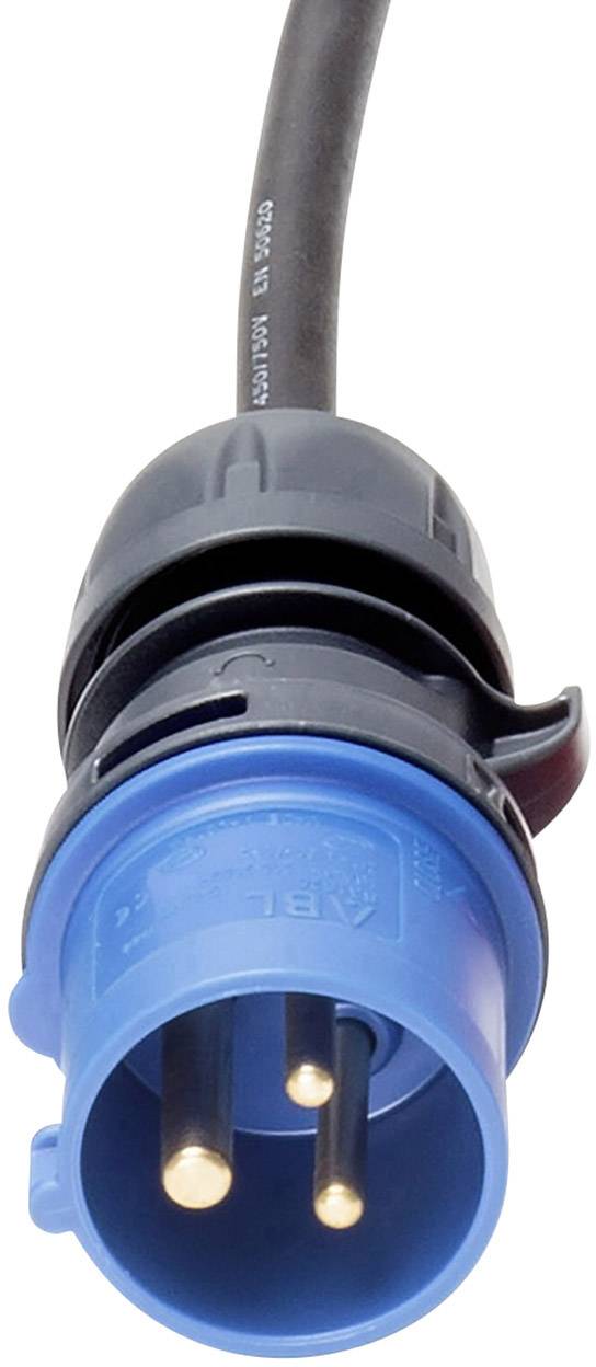 Blauer dreipoliger Stecker mit schwarzem Kabel, oft für industrielle Stromanschlüsse verwendet.