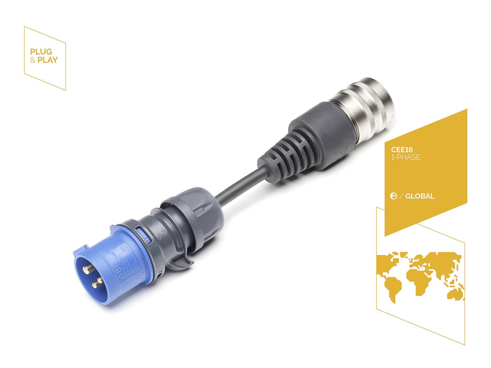 Ein Adapterkabel von einer blauen CEE16-Steckdose zu einem schwarzen Stecker, mit der Aufschrift 'CEE16 1-PHASE' und einer Weltkarte.