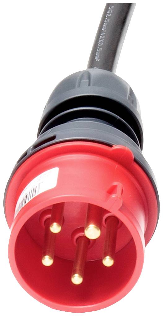 Ein roter, runder Industriestecker mit drei goldenen Stiften, geeignet für Hochstromanwendungen. Schwarzes Kabel ist sichtbar.