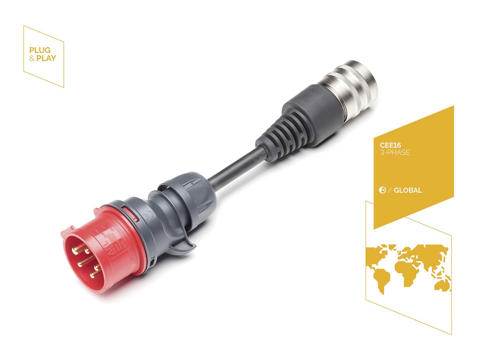 Ein CEE16 3-Phasen-Stecker mit Kabel, neben einem gelben Bereich mit der Aufschrift 'Plug & Play'. Weltkarte und Markenlogo im Hintergrund.