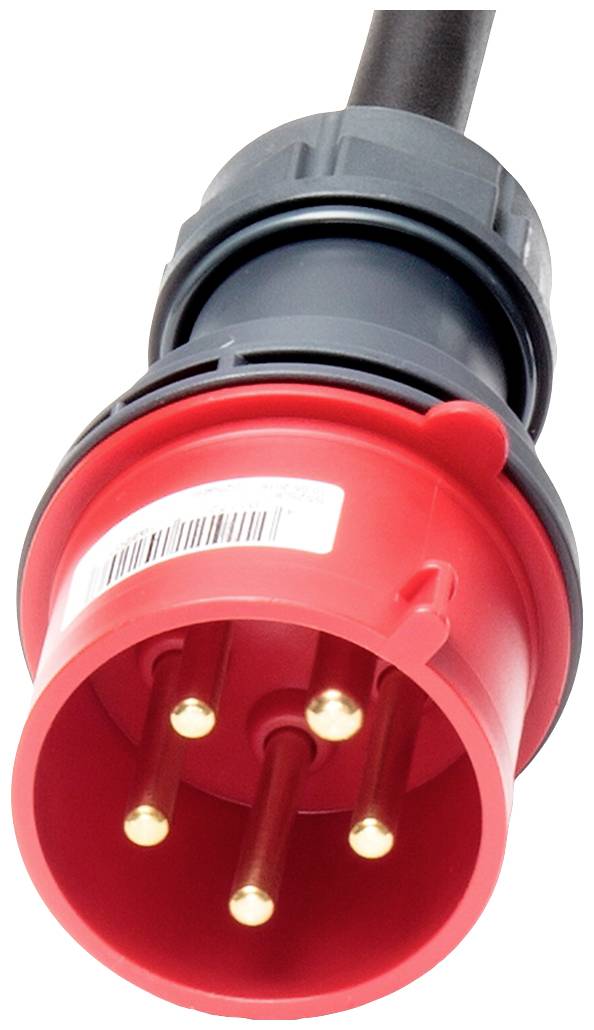 Roter, runder Industriestecker mit fünf Metallkontakten und schwarzer Anschlussleitung, geeignet für Hochleistungsgeräte.
