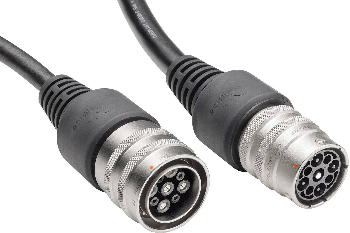 Zwei runde, silberne Steckverbinder mit schwarzen Kabeln und mehreren Kontaktpunkten. Sie liegen nebeneinander auf weißem Hintergrund.