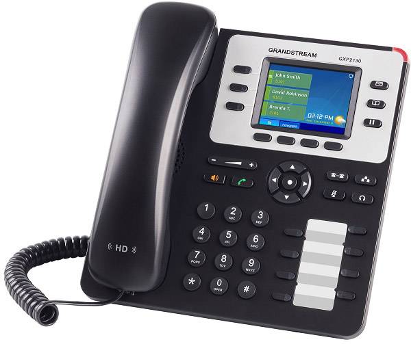 Ein schwarzes Tischtelefon mit großem Bildschirm, der Kontaktinformationen anzeigt. Numerisches Tastenfeld und Funktionstasten vorhanden.
