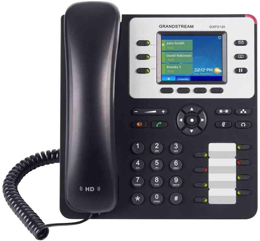 Ein schwarzes Tischtelefon mit Tastenfeld und digitalem Display, zeigt einen Anrufbildschirm mit vier Kontakten und Uhrzeit 02:12 PM.