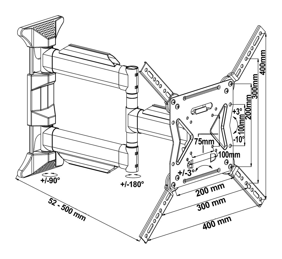 Die Zeichnung zeigt eine verstellbare TV-Halterung mit Maßen. Der Arm reicht von 52-500 mm. Der Neigewinkel liegt bei +/-90° und +/-180°.
