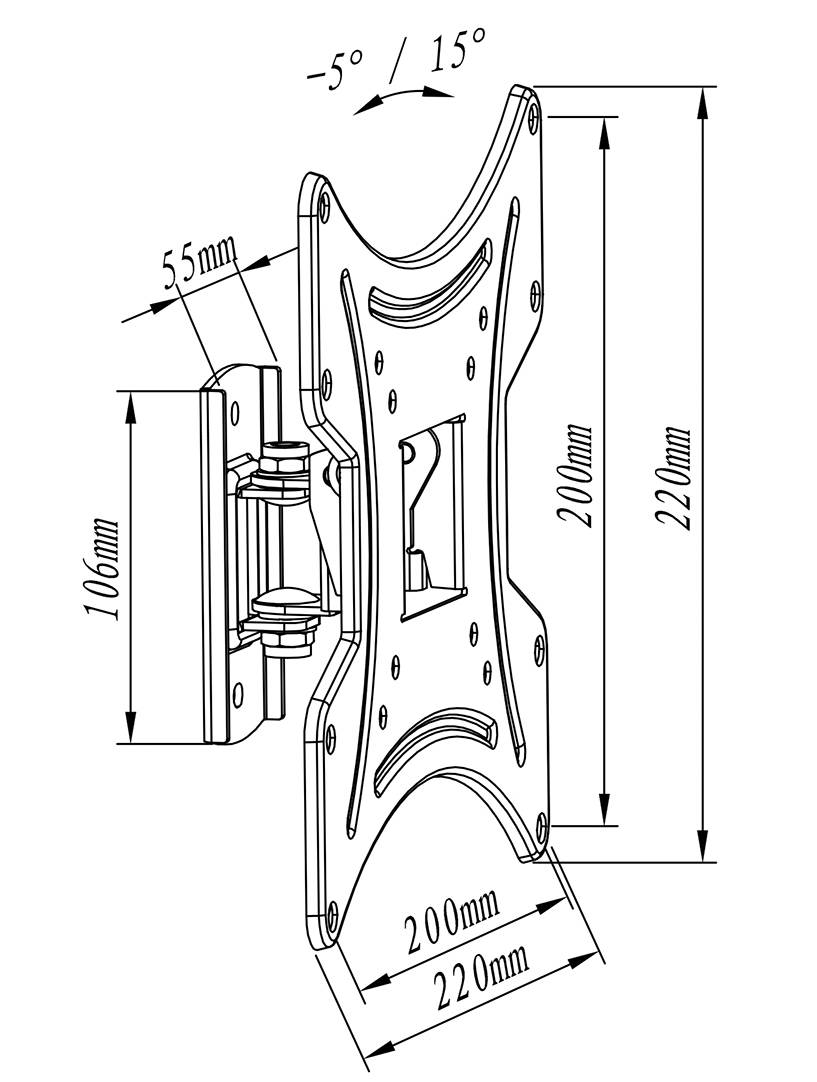 Wandhalterung für Flachbildschirme mit Neigungswinkeln von -5° bis 15°. Maße: 220mm Höhe, 200mm Breite und 106mm Tiefe.