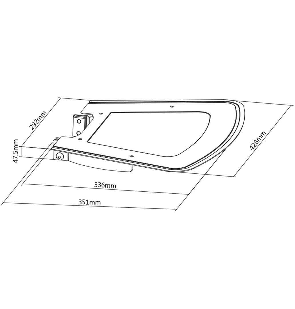 Technische Zeichnung eines rechteckigen Bauteils mit abgerundeten Kanten, die Maße 428 mm x 351 mm x 336 mm anzeigend.