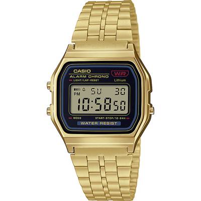 Goldene digitale Armbanduhr mit rechteckigem Display, zeigt Uhrzeit 10:58 an. Markiert mit 'Casio', 'Alarm Chrono', und 'Water Resist'.