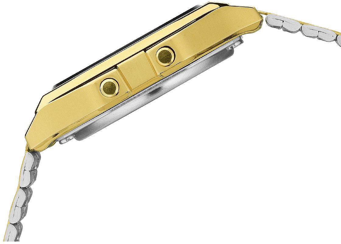 Seitenansicht einer Armbanduhr mit goldenem Gehäuse und silbernem Armband, zeigt die Detailarbeit am Gehäuse und den Verbindungsgliedern.