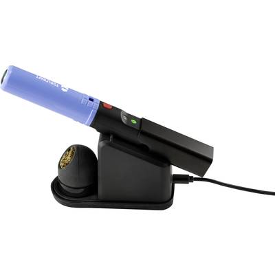 Ein blauer kabelloser Lötkolben mit einer schwarzen Ladestation, verbunden durch ein Kabel.