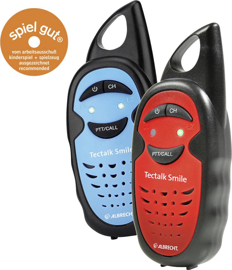Zwei Walkie-Talkies, eines blau und eines rot, beide mit 'PTT/CALL'-Taste. Sie sind mit 'spiel gut' ausgezeichnet.