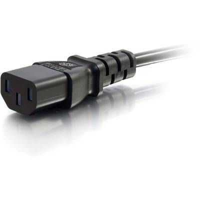 Ein schwarzes Netzkabel mit IEC-C13-Stecker, häufig verwendet zur Stromversorgung von Computern und Peripheriegeräten.