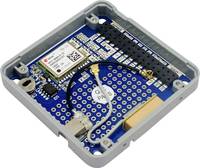 Eine geöffnete, quadratische, hellgraue Gehäuseabdeckung zeigt eine blaue Platine mit verschiedenen elektronischen Komponenten, darunter ein rechteckiges Modul mit einem Aufkleber, eine spiralförmige Antenne und Reihen von Lötpunkten, alles vor einem reinweißen Hintergrund.