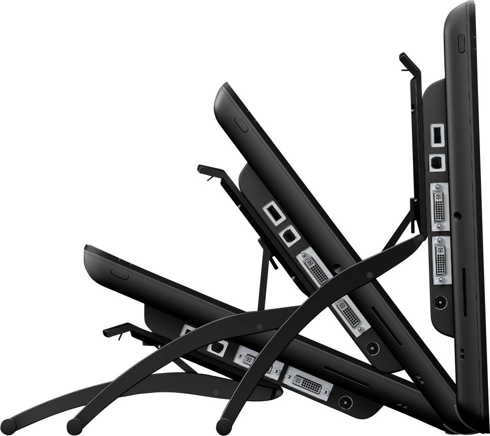 Mehrere Ansichten eines schwarzen Bildschirmhalters zeigen seine verstellbaren Neigungspositionen von flach bis fast senkrecht.
