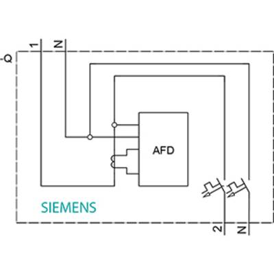 Schaltplan zeigt ein elektrisches Diagramm mit einem AFD-Modul von Siemens. Verbindungen führen zu zwei Sicherungen im Schaltkreis.