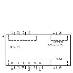 'Siemens' Gehäuse mit zahlreichen Ports für Spannungs- und Stromanschlüsse, M-Bus, Tarif-Eingang 100–240V AC.