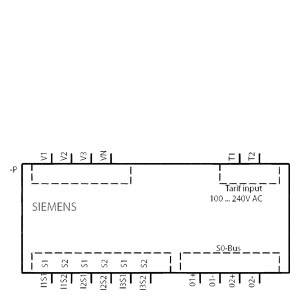 'SIEMENS' Gerätediagramm mit Anschlüssen: V1-V4, VN horizontal oben; I1S1-I3S2 vertikal links; Tarif-Eingang und S0-Bus rechts.