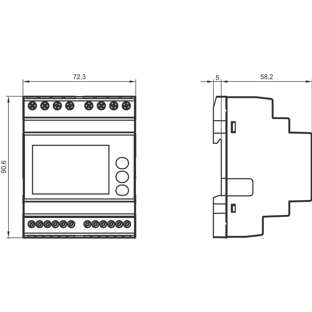 Technische Zeichnung mit Front- und Seitenansicht eines rechteckigen elektronischen Geräts. Maße: 90,6 x 72,3 x 58,2 mm.